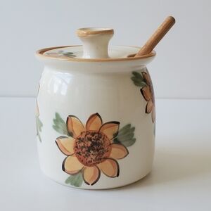 Signed Studio Pottery Sunflower Honey Jar Pot with Wooden Dipper French Quimper